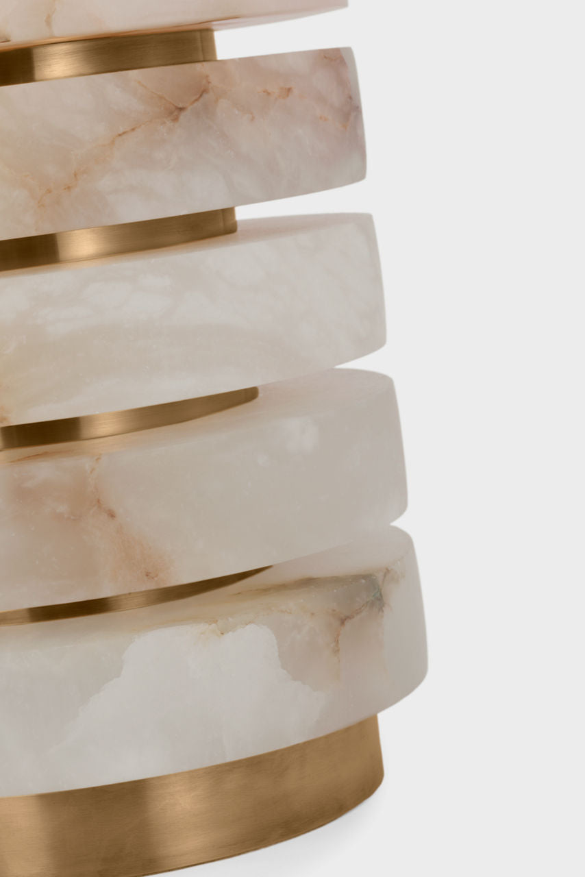 Diski Medium Table Lamp | Alabaster and Hand-Rubbed Antique Brass | Linen Shade