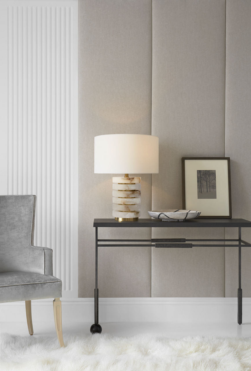 Diski Medium Table Lamp | Alabaster and Hand-Rubbed Antique Brass | Linen Shade