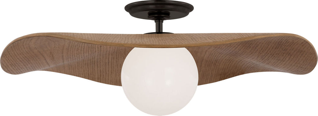 Mahalo 22" Semi-Flush Mount | Bronze and White Glass | Natural Oak Shade