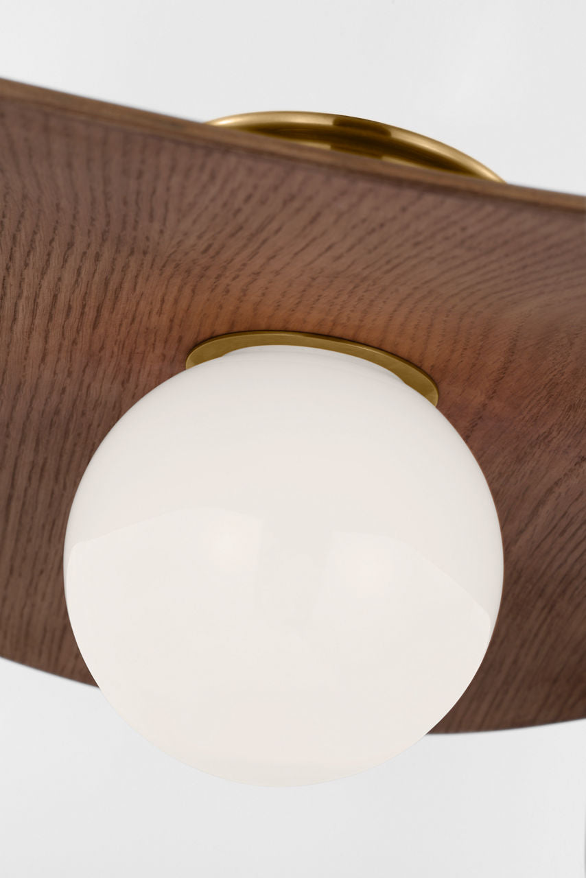 Mahalo 22" Semi-Flush Mount | Hand-Rubbed Antique Brass and White Glass | Natural Oak Shade