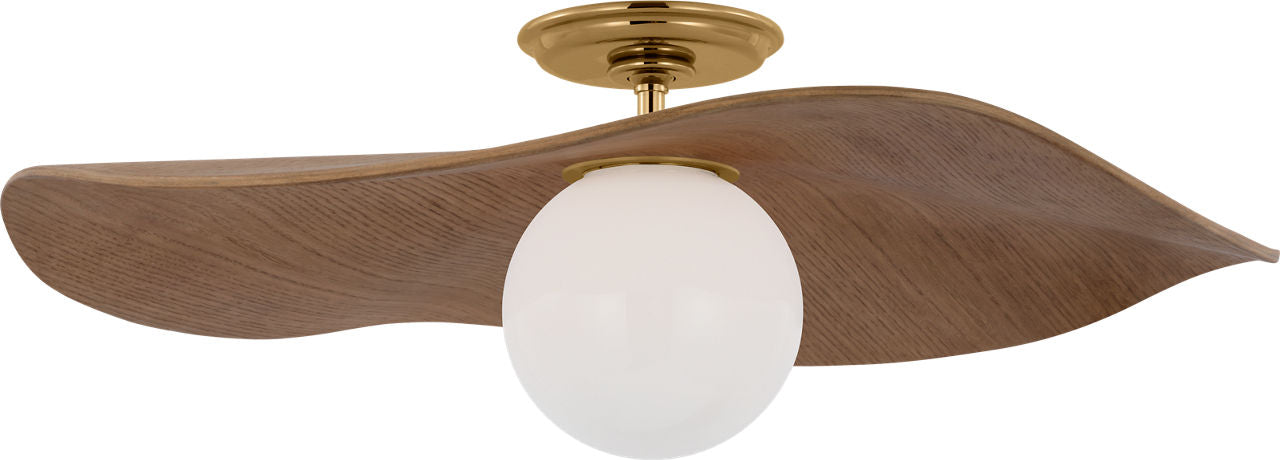 Mahalo 22" Semi-Flush Mount | Hand-Rubbed Antique Brass and White Glass | Natural Oak Shade