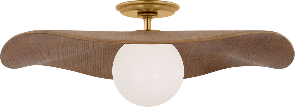 Mahalo 22" Semi-Flush Mount | Hand-Rubbed Antique Brass and White Glass | Natural Oak Shade
