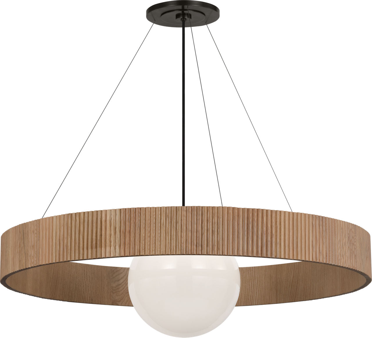 Arena 42" Ring and Globe Chandelier | Bronze and Natural Oak | White Glass