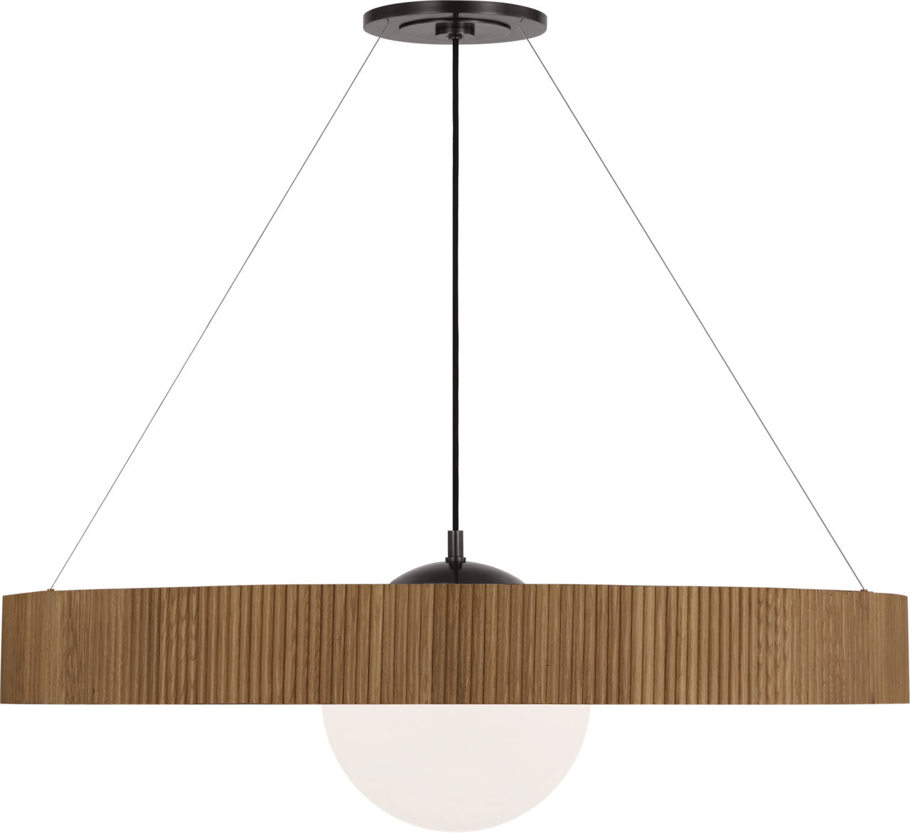 Arena 42" Ring and Globe Chandelier | Bronze and Natural Oak | White Glass