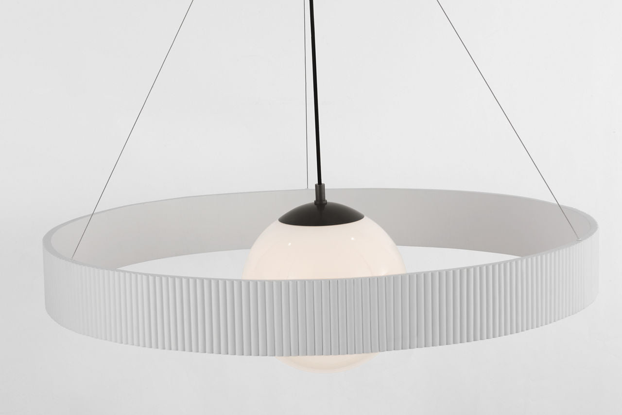 Arena 42" Ring and Globe Chandelier | Bronze and Matte White | White Glass