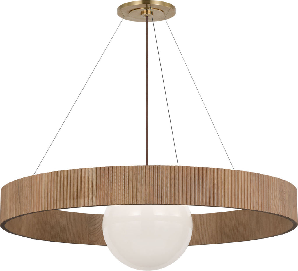 Arena 42" Ring and Globe Chandelier | Hand-Rubbed Antique Brass and Natural Oak | White Glass
