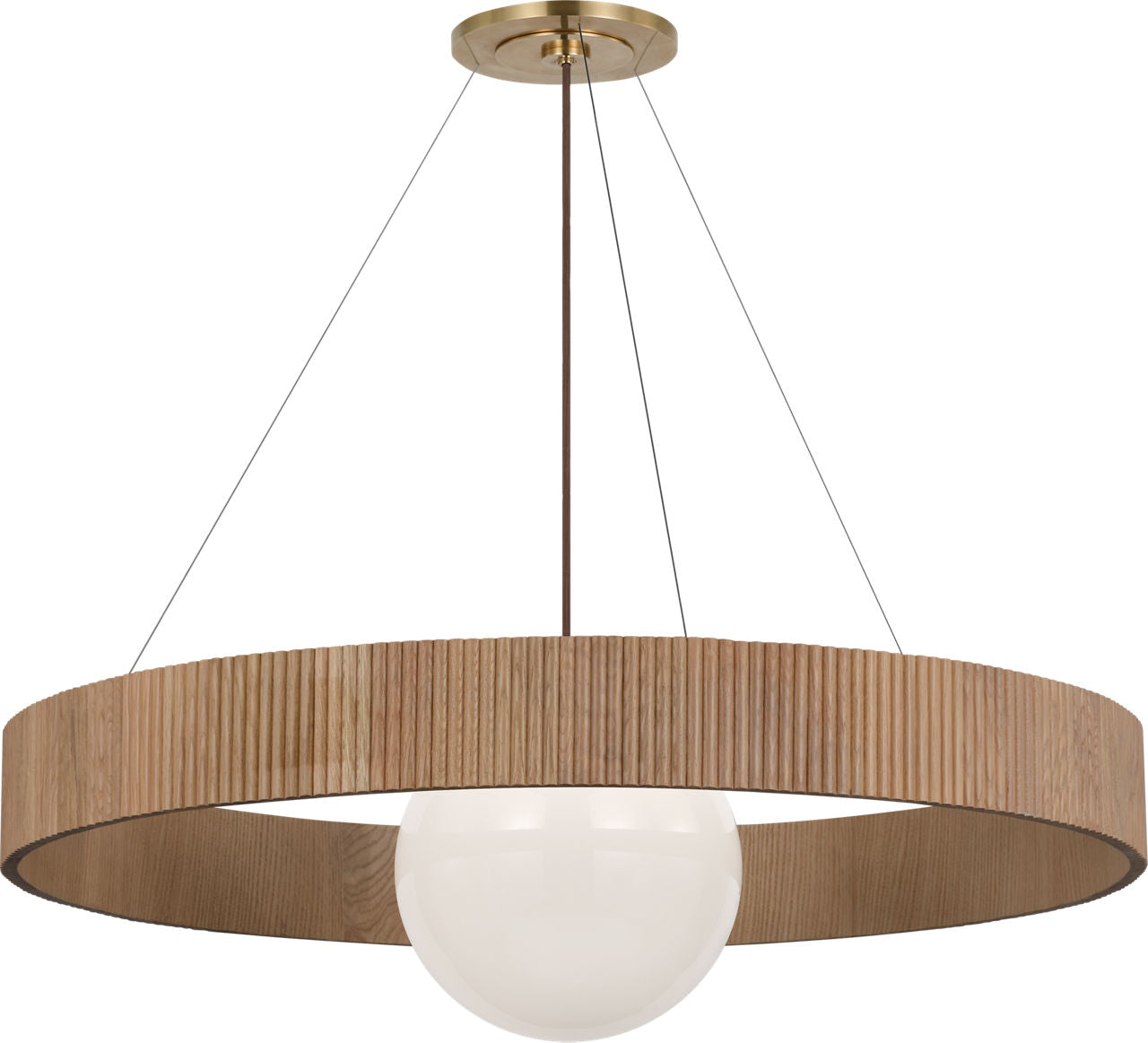 Arena 42" Ring and Globe Chandelier | Hand-Rubbed Antique Brass and Natural Oak | White Glass