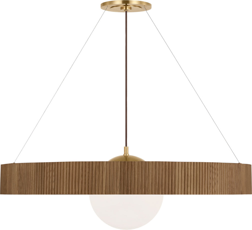Arena 42" Ring and Globe Chandelier | Hand-Rubbed Antique Brass and Natural Oak | White Glass