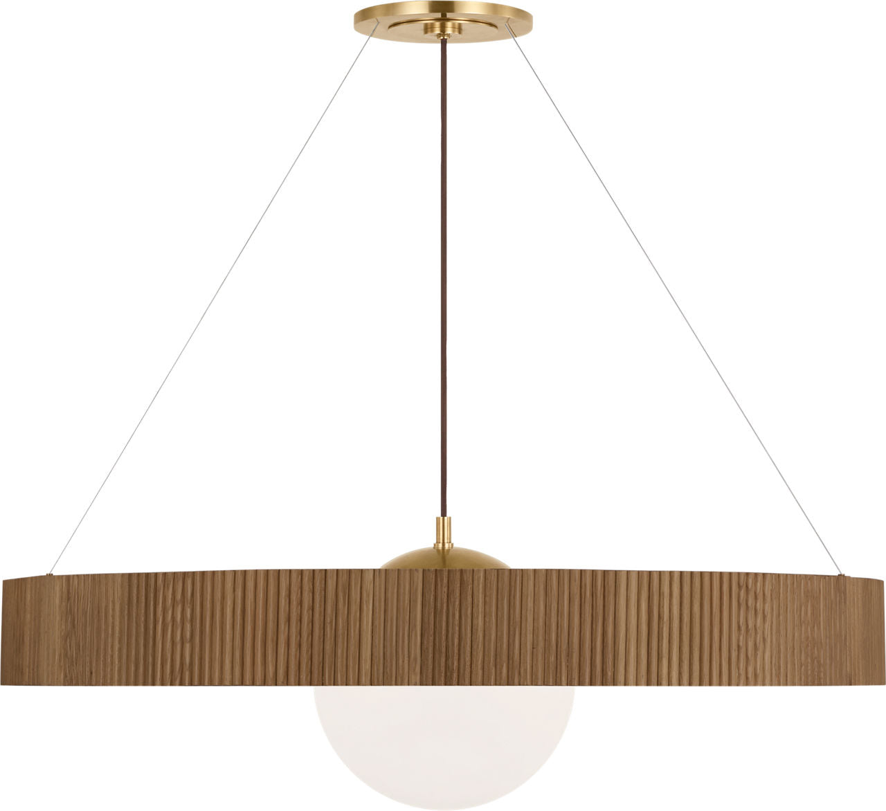 Arena 42" Ring and Globe Chandelier | Hand-Rubbed Antique Brass and Natural Oak | White Glass