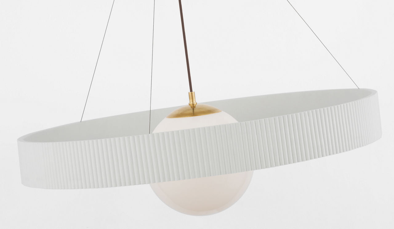Arena 42" Ring and Globe Chandelier | Hand-Rubbed Antique Brass and Matte White | White Glass