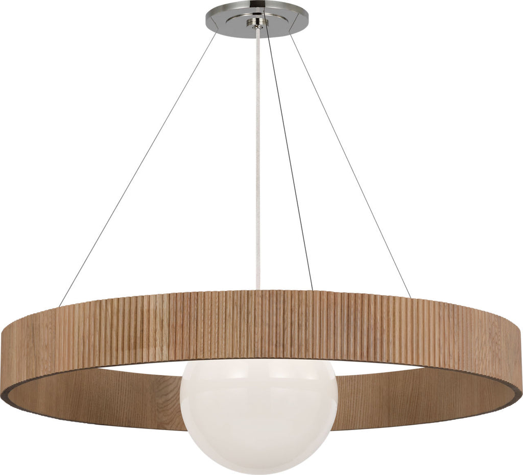Arena 42" Ring and Globe Chandelier | Polished Nickel and Natural Oak | White Glass
