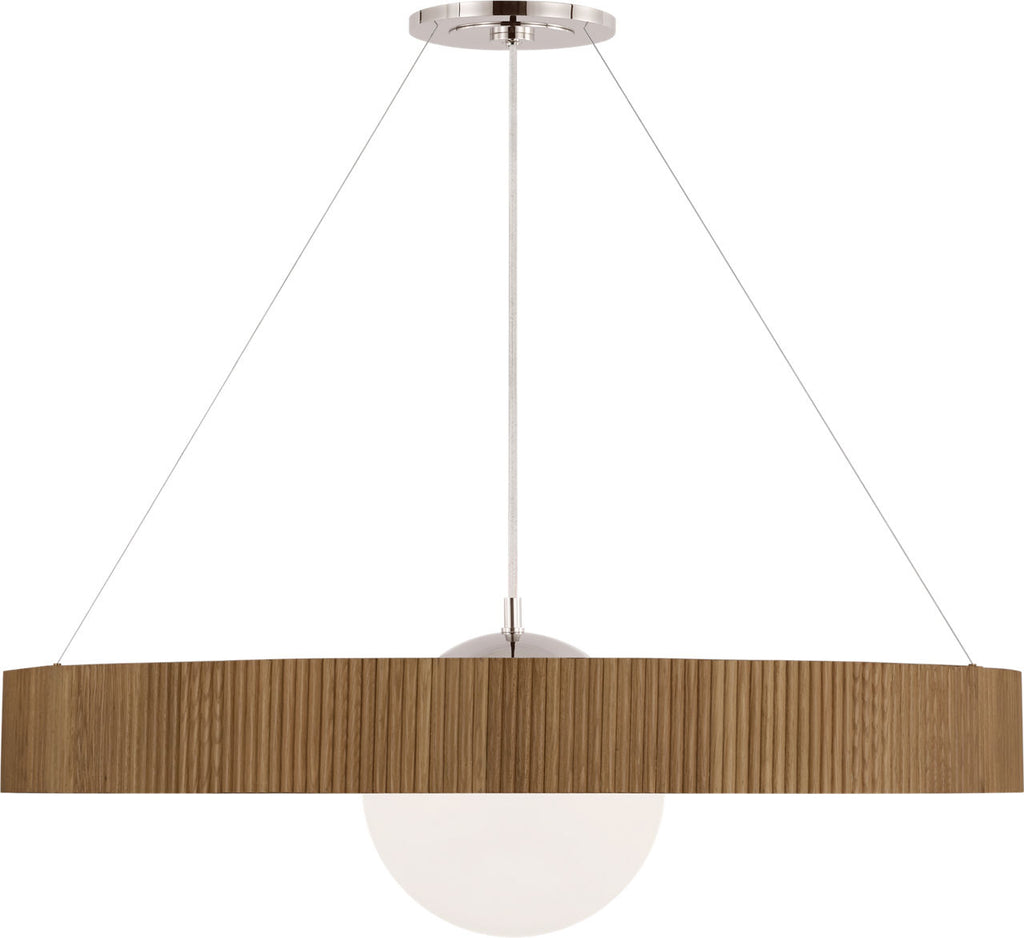 Arena 42" Ring and Globe Chandelier | Polished Nickel and Natural Oak | White Glass