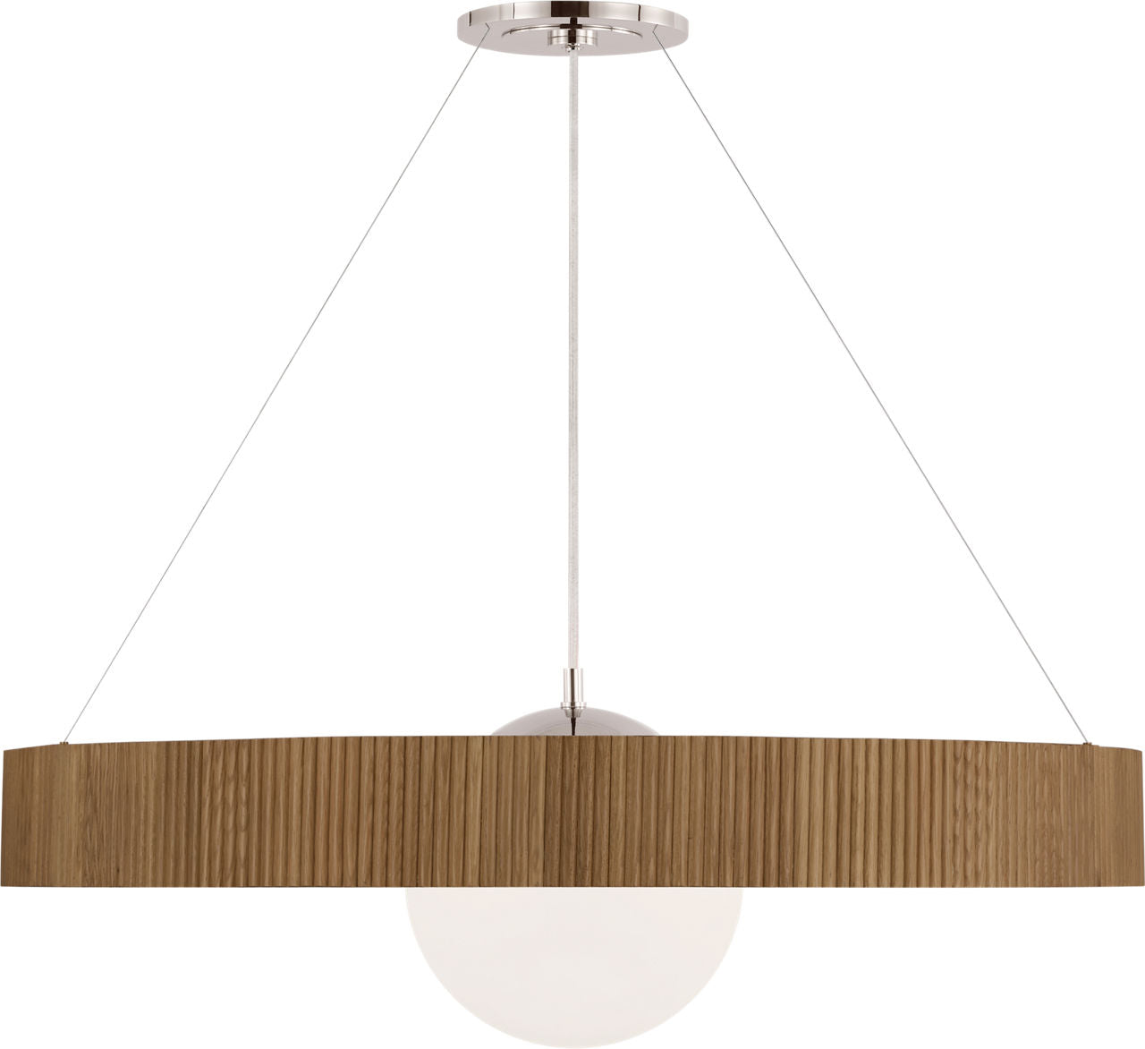 Arena 42" Ring and Globe Chandelier | Polished Nickel and Natural Oak | White Glass