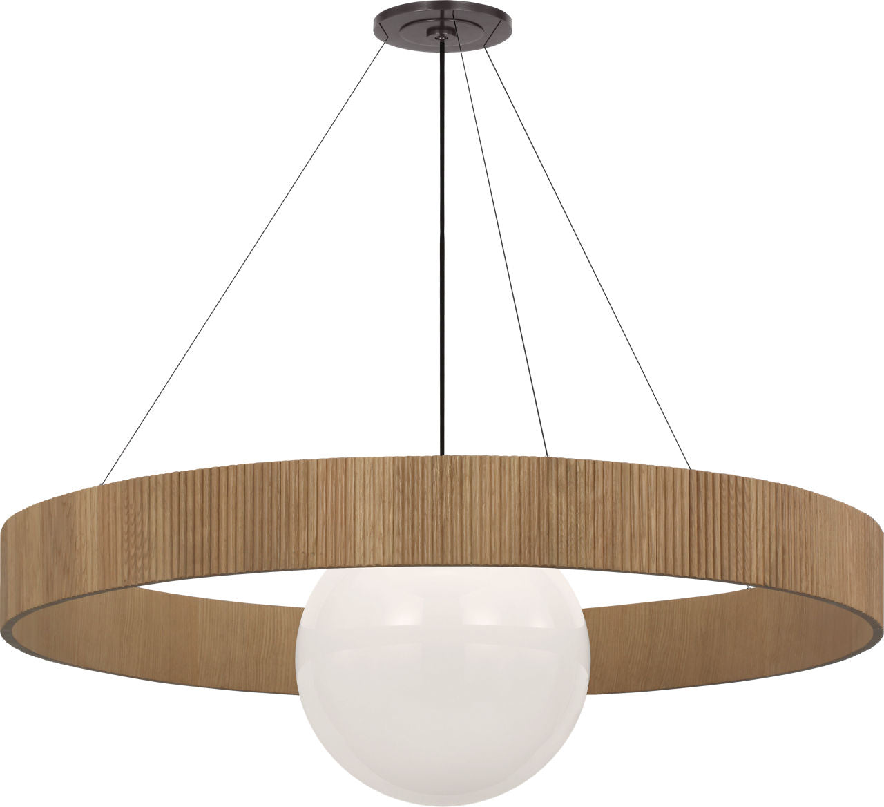 Arena 53" Ring and Globe Chandelier | Bronze and Natural Oak | White Glass