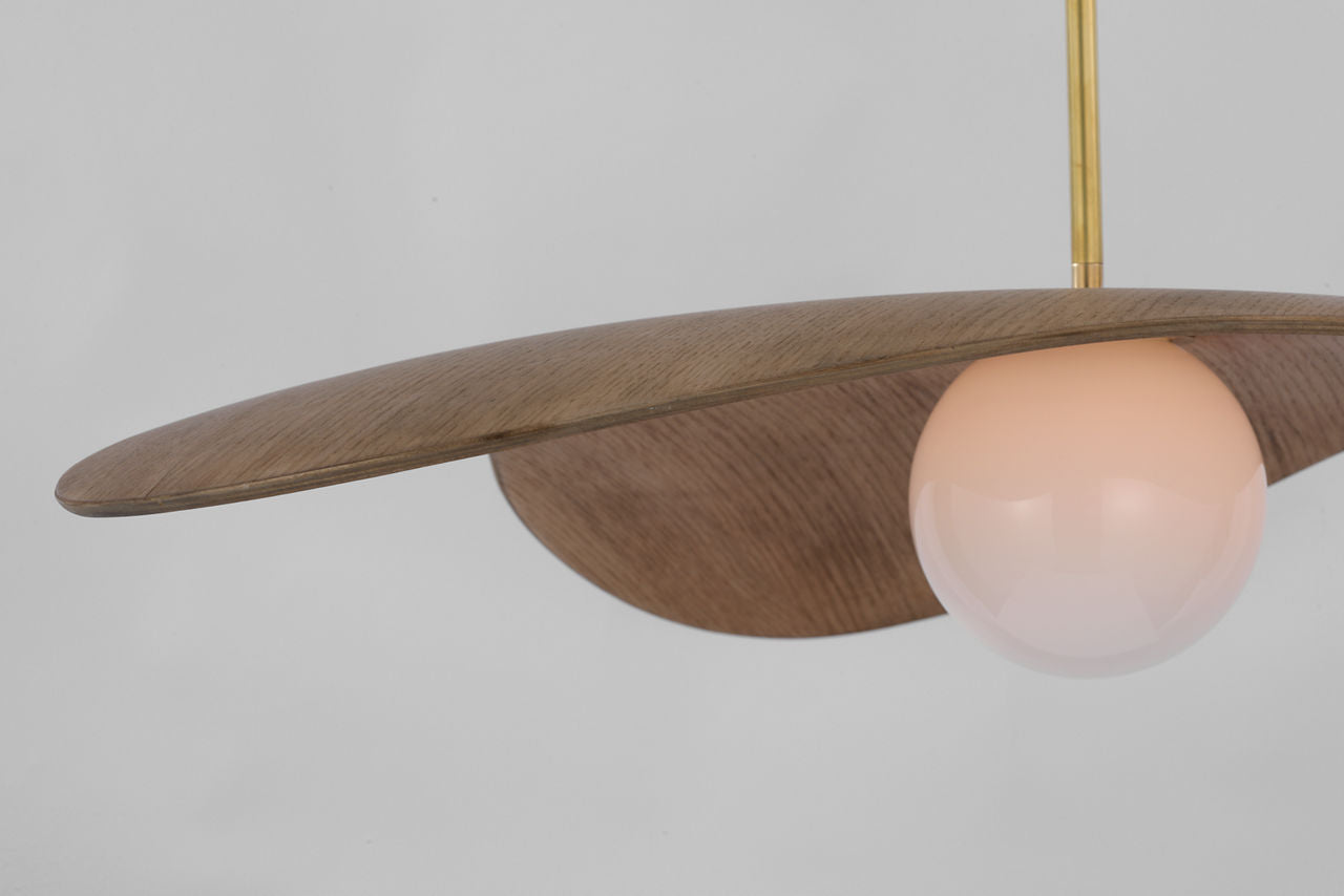 Mahalo 35" Tri Pendant | Hand-Rubbed Antique Brass and White Glass | Natural Oak Shade