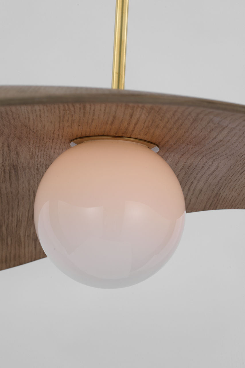 Mahalo 35" Tri Pendant | Hand-Rubbed Antique Brass and White Glass | Natural Oak Shade