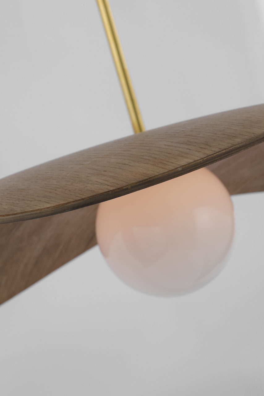 Mahalo 35" Tri Pendant | Hand-Rubbed Antique Brass and White Glass | Natural Oak Shade