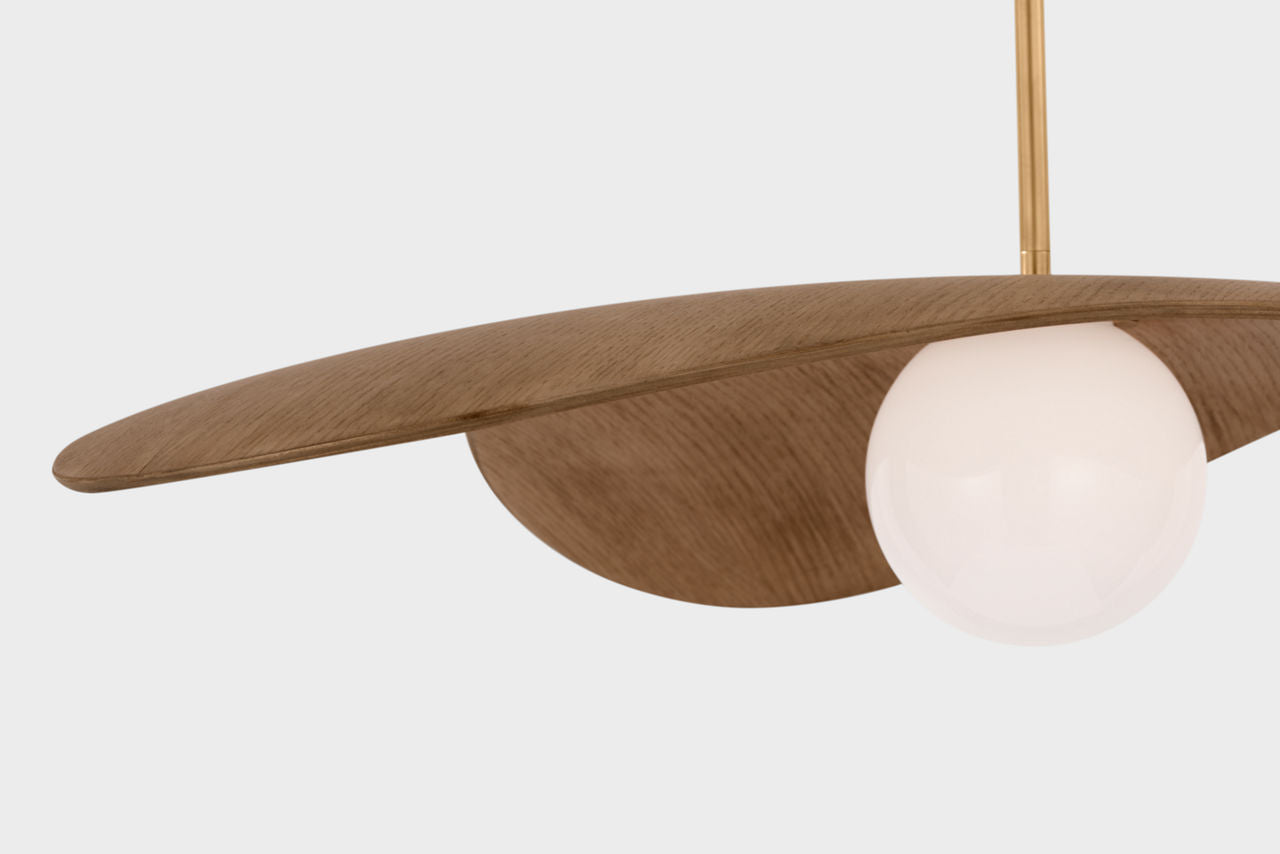 Mahalo 35" Tri Pendant | Hand-Rubbed Antique Brass and White Glass | Natural Oak Shade