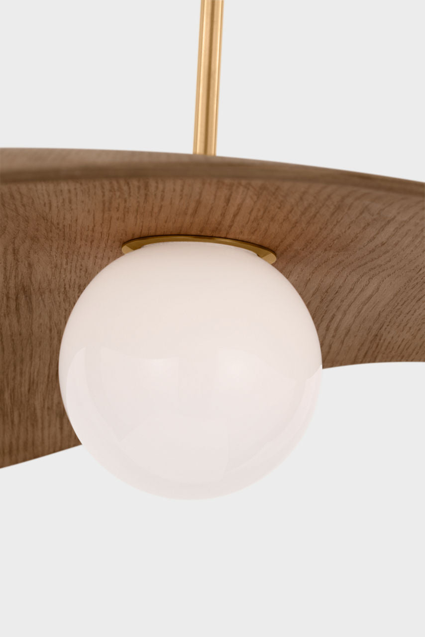 Mahalo 35" Tri Pendant | Hand-Rubbed Antique Brass and White Glass | Natural Oak Shade