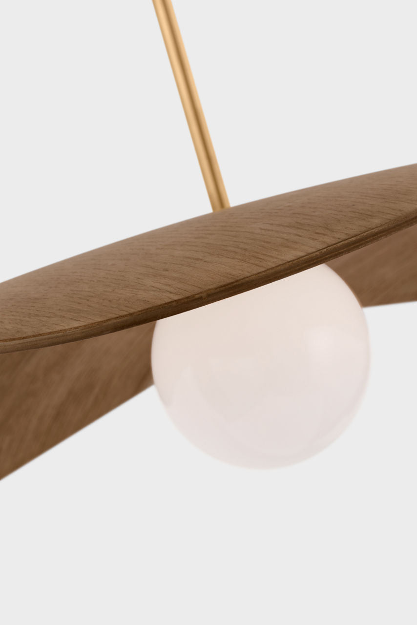 Mahalo 35" Tri Pendant | Hand-Rubbed Antique Brass and White Glass | Natural Oak Shade