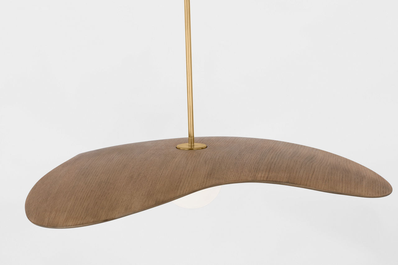 Mahalo 35" Tri Pendant | Hand-Rubbed Antique Brass and White Glass | Natural Oak Shade