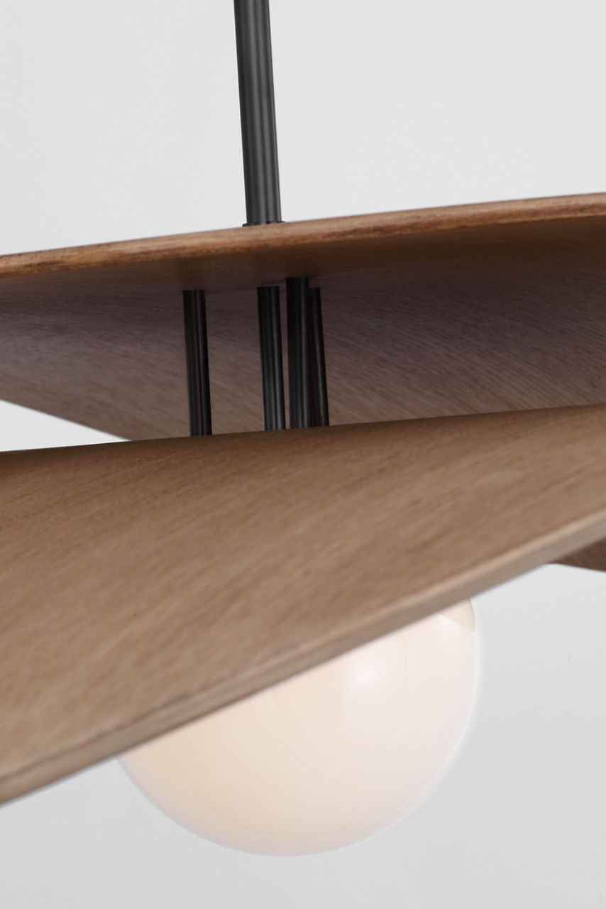 Mahalo 32" Tiered Pendant | Bronze and Natural Oak | White Glass