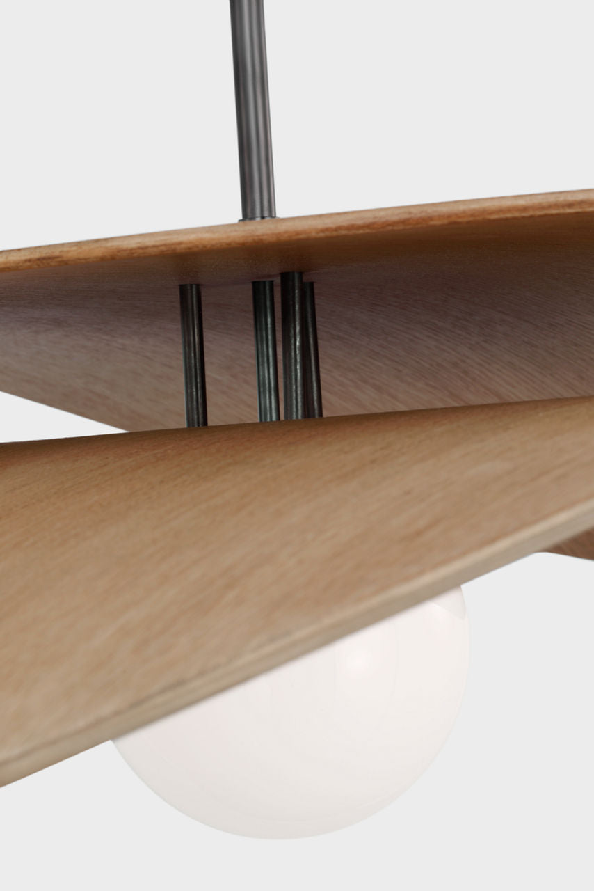Mahalo 32" Tiered Pendant | Bronze and Natural Oak | White Glass