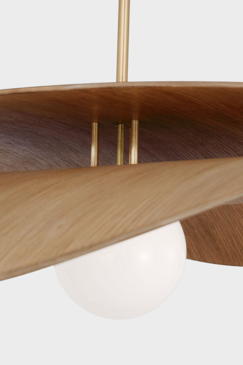 Mahalo 32" Tiered Pendant | Hand-Rubbed Antique Brass and Natural Oak | White Glass