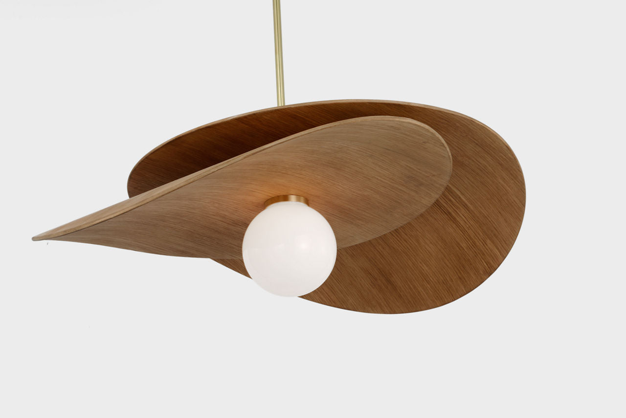 Mahalo 32" Tiered Pendant | Hand-Rubbed Antique Brass and Natural Oak | White Glass