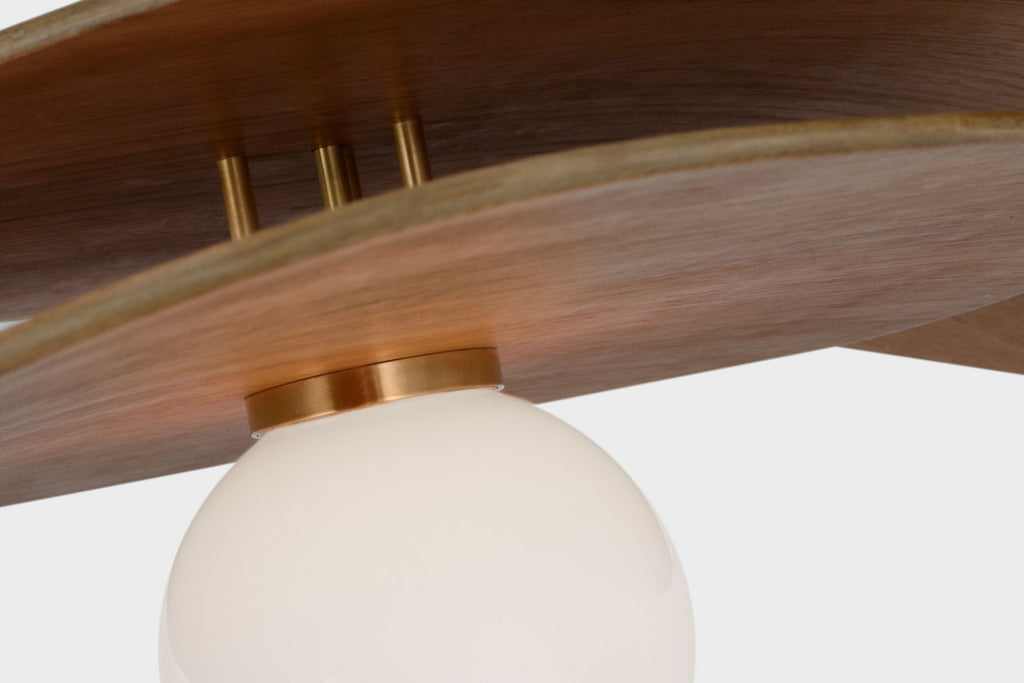 Mahalo 32" Tiered Pendant | Hand-Rubbed Antique Brass and Natural Oak | White Glass