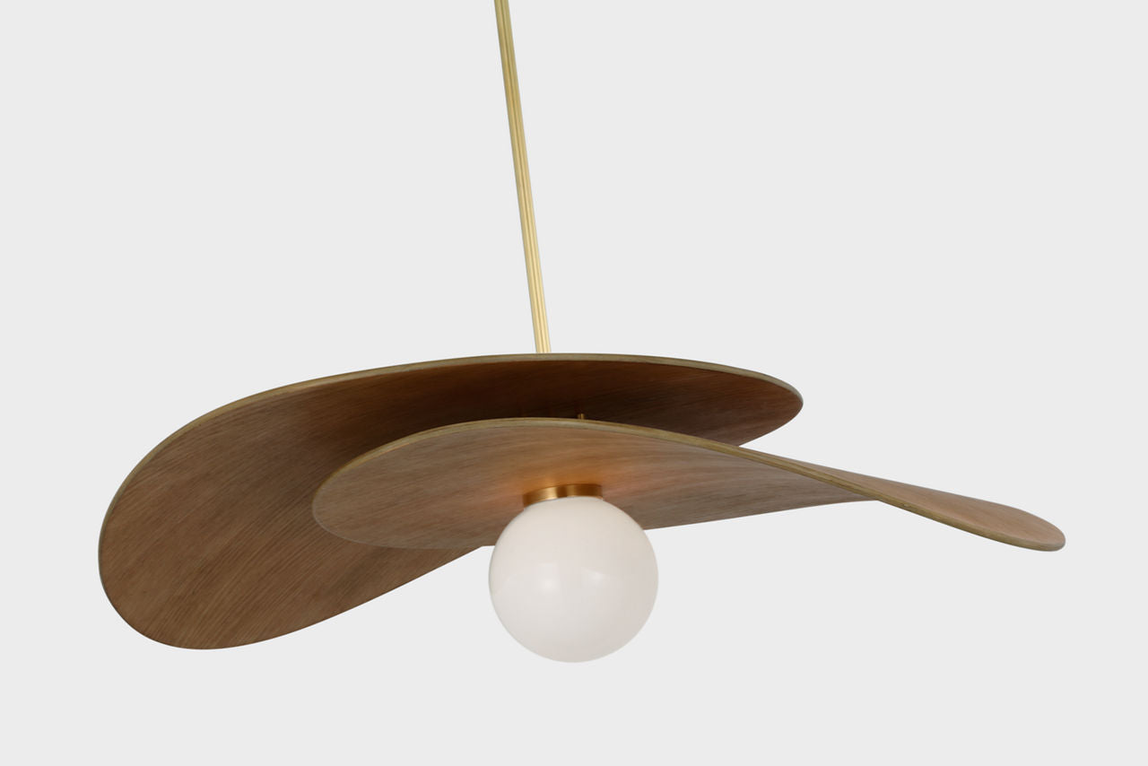 Mahalo 32" Tiered Pendant | Hand-Rubbed Antique Brass and Natural Oak | White Glass