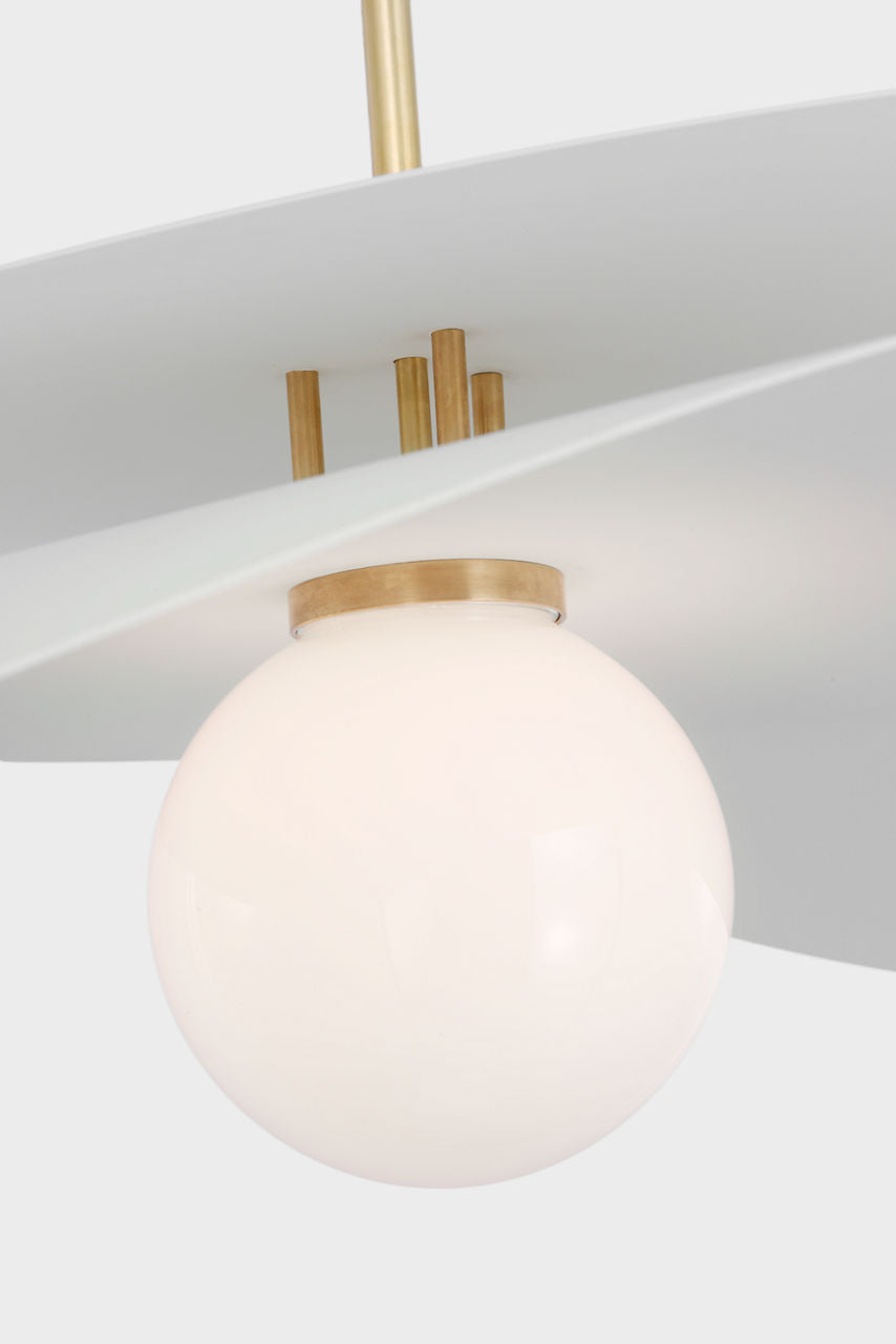 Mahalo 32" Tiered Pendant | Hand-Rubbed Antique Brass and Matte White | White Glass