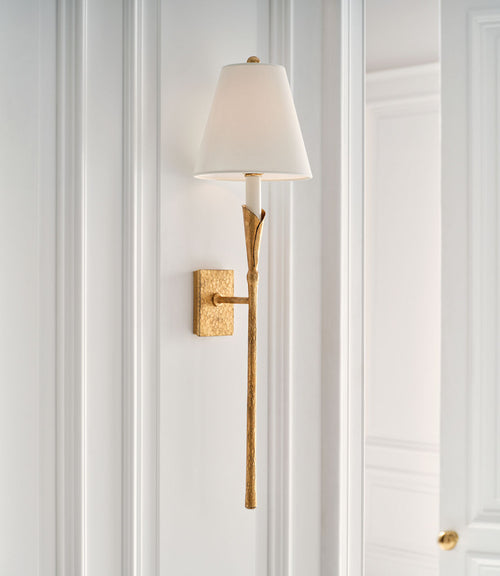 Aiden Large Tail Sconce | Gilded Iron | Linen Shade