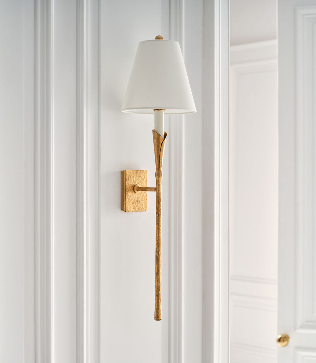 Aiden Large Tail Sconce | Gilded Iron | Linen Shade