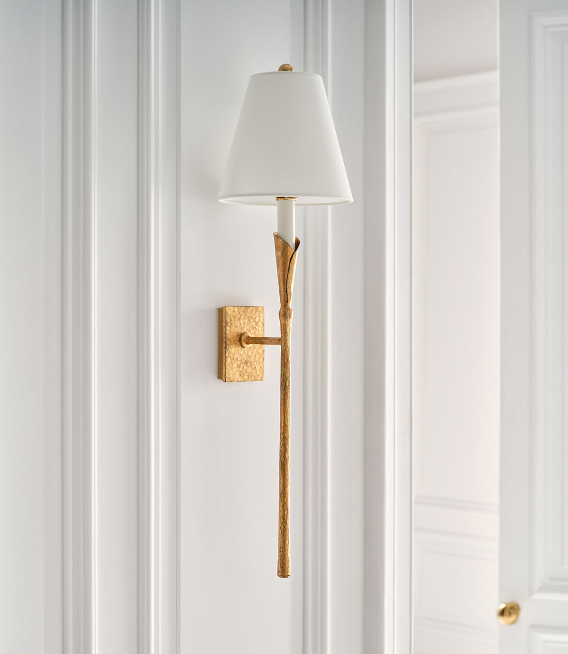 Aiden Large Tail Sconce | Gilded Iron | Linen Shade