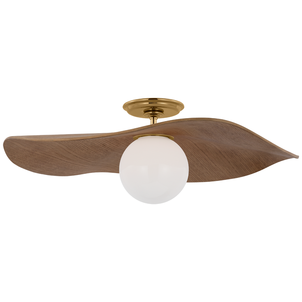 Mahalo 22" Semi-Flush Mount | Hand-Rubbed Antique Brass and White Glass | Natural Oak Shade