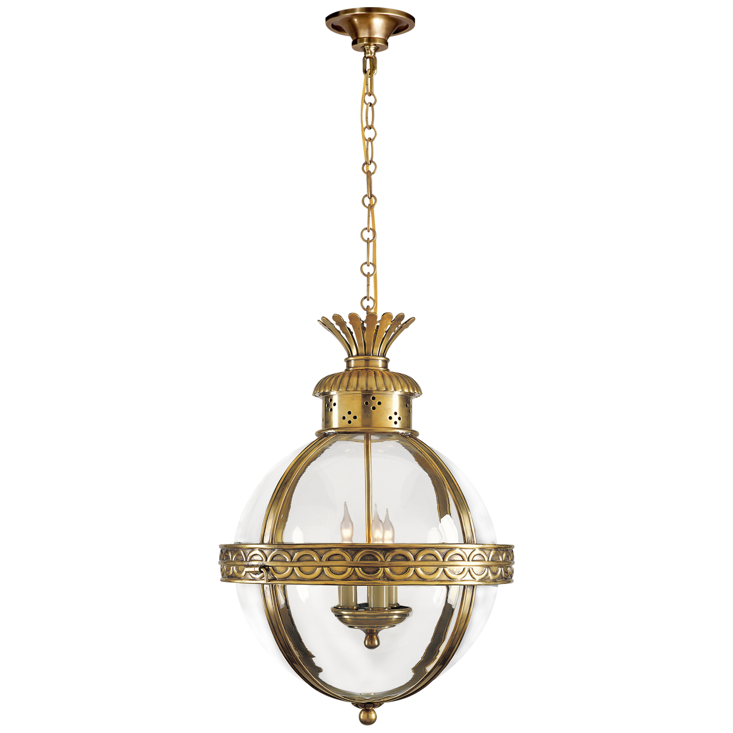 Crown Top Banded Globe Lantern | Antique-Burnished Brass | Clear Glass