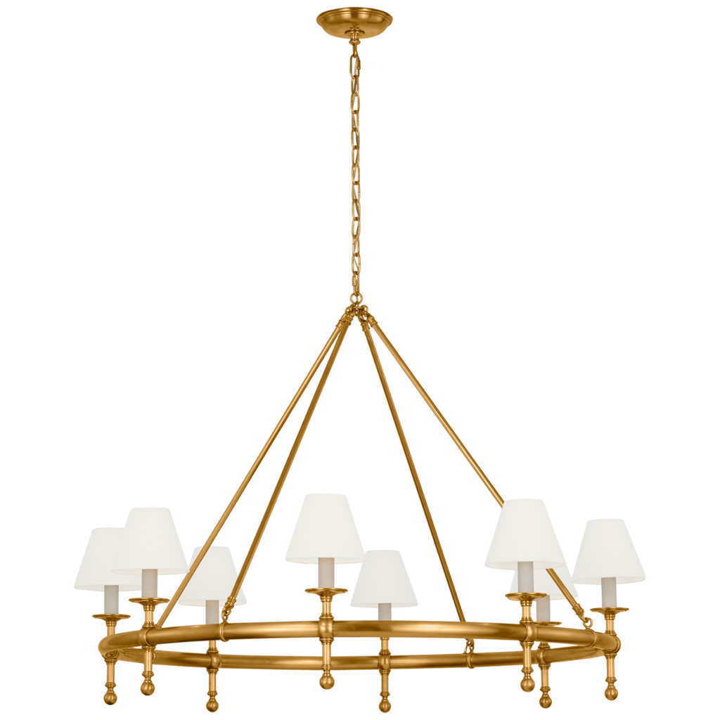 Classic 42" Ring Chandelier | Antique-Burnished Brass | Linen Shades