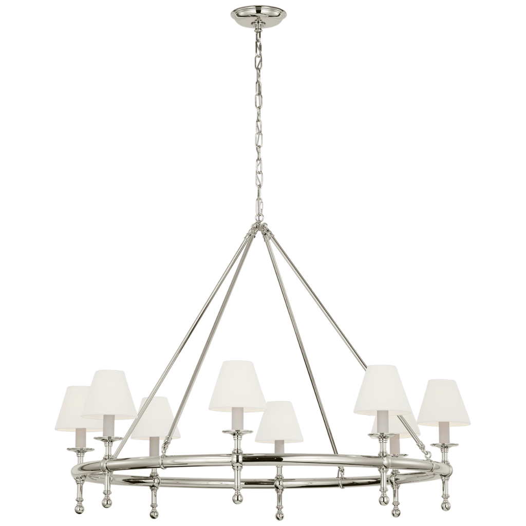 Classic 42" Ring Chandelier | Polished Nickel | Linen Shades
