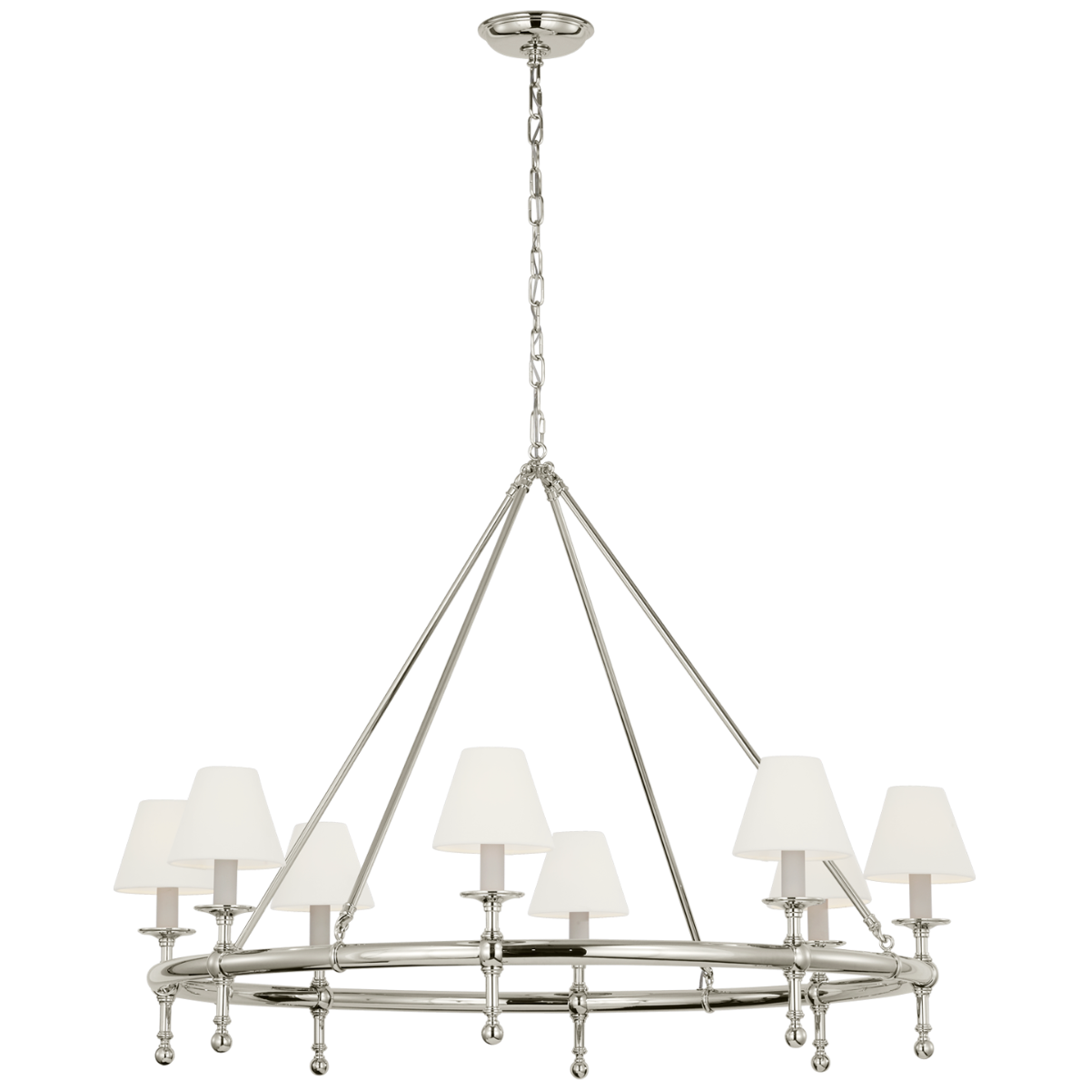 Classic 42" Ring Chandelier | Polished Nickel | Linen Shades