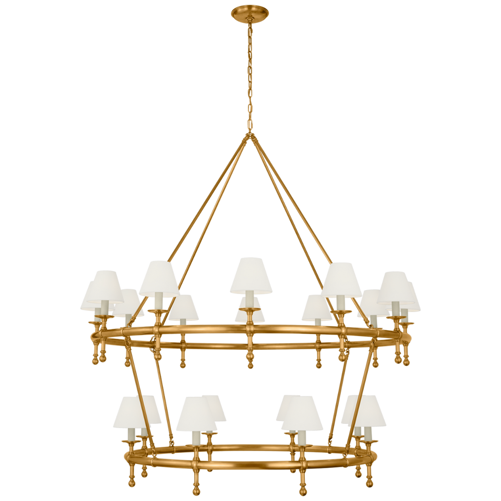 Classic 54" Two-Tier Ring Chandelier | Antique-Burnished Brass | Linen Shades