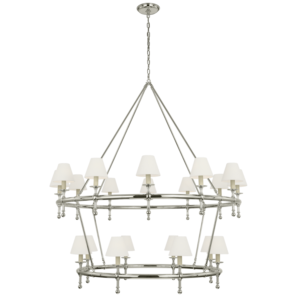 Classic 54" Two-Tier Ring Chandelier | Polished Nickel | Linen Shades