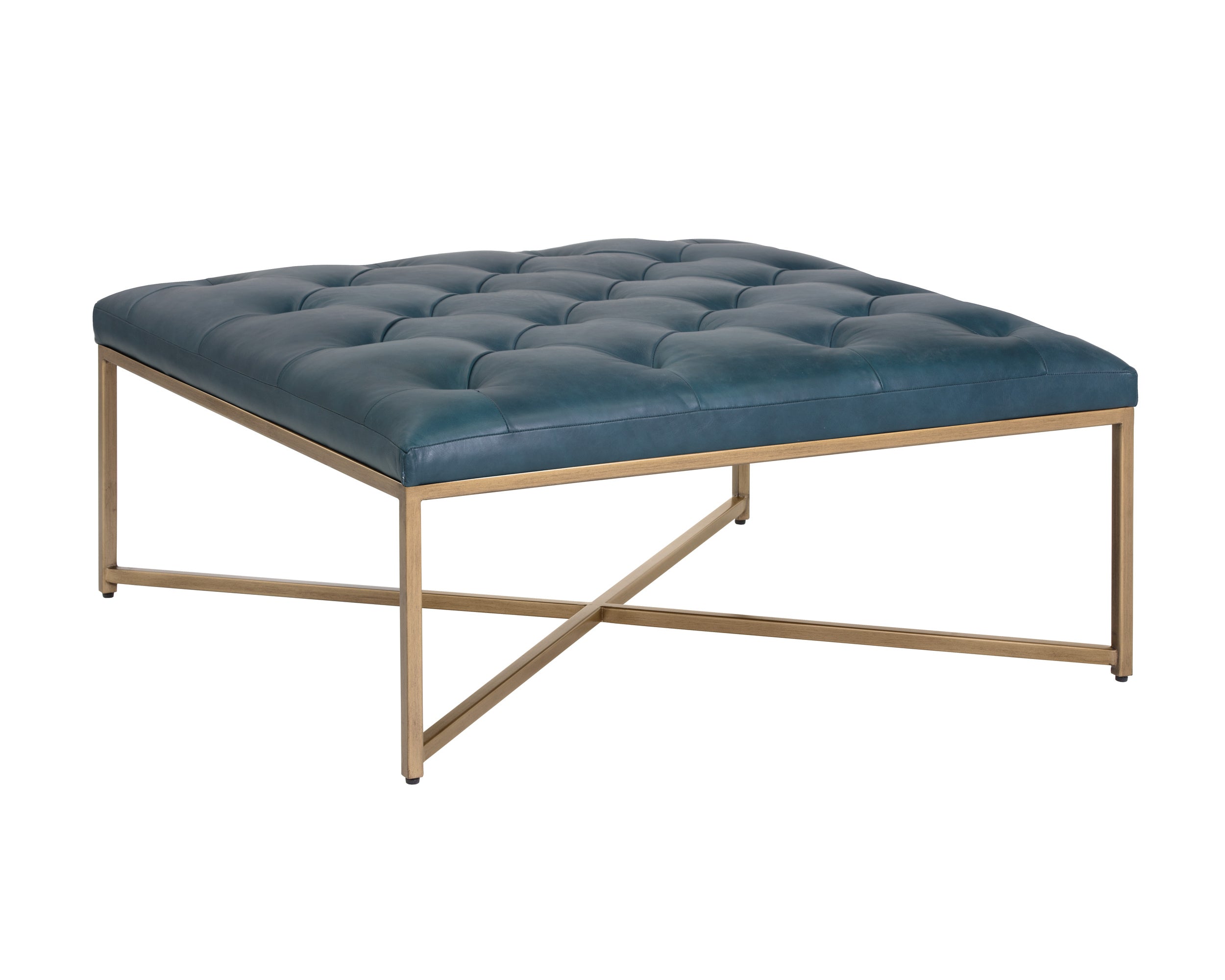 Endall Ottoman - Antique Brass - Vintage Peacock Leather
