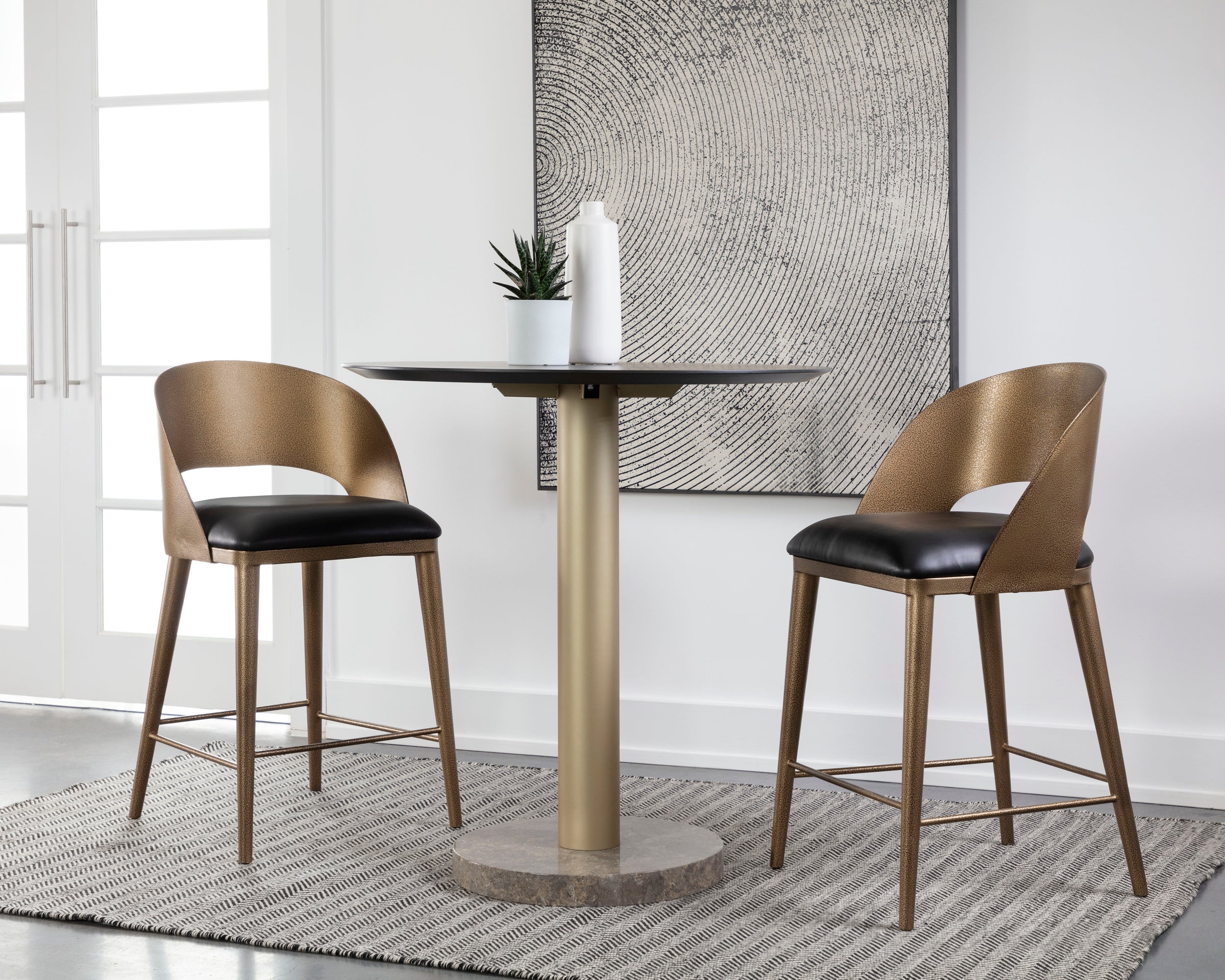 Dezirae Counter Stool - Antique Brass - Charcoal Black Leather
