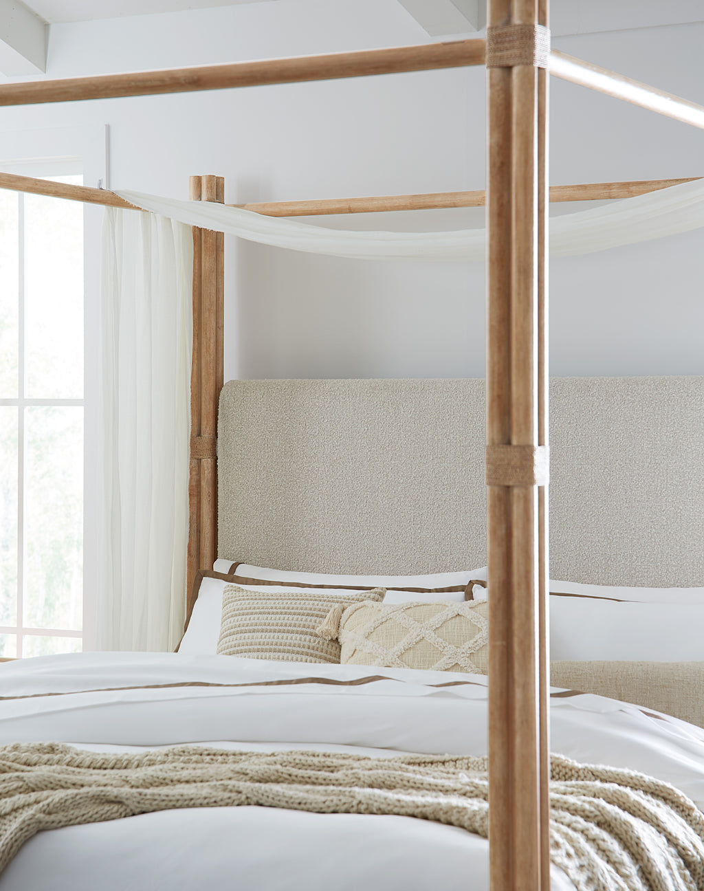 Retreat Pole Rattan Cal King Upholstered Poster Bed withCanopy | Dune