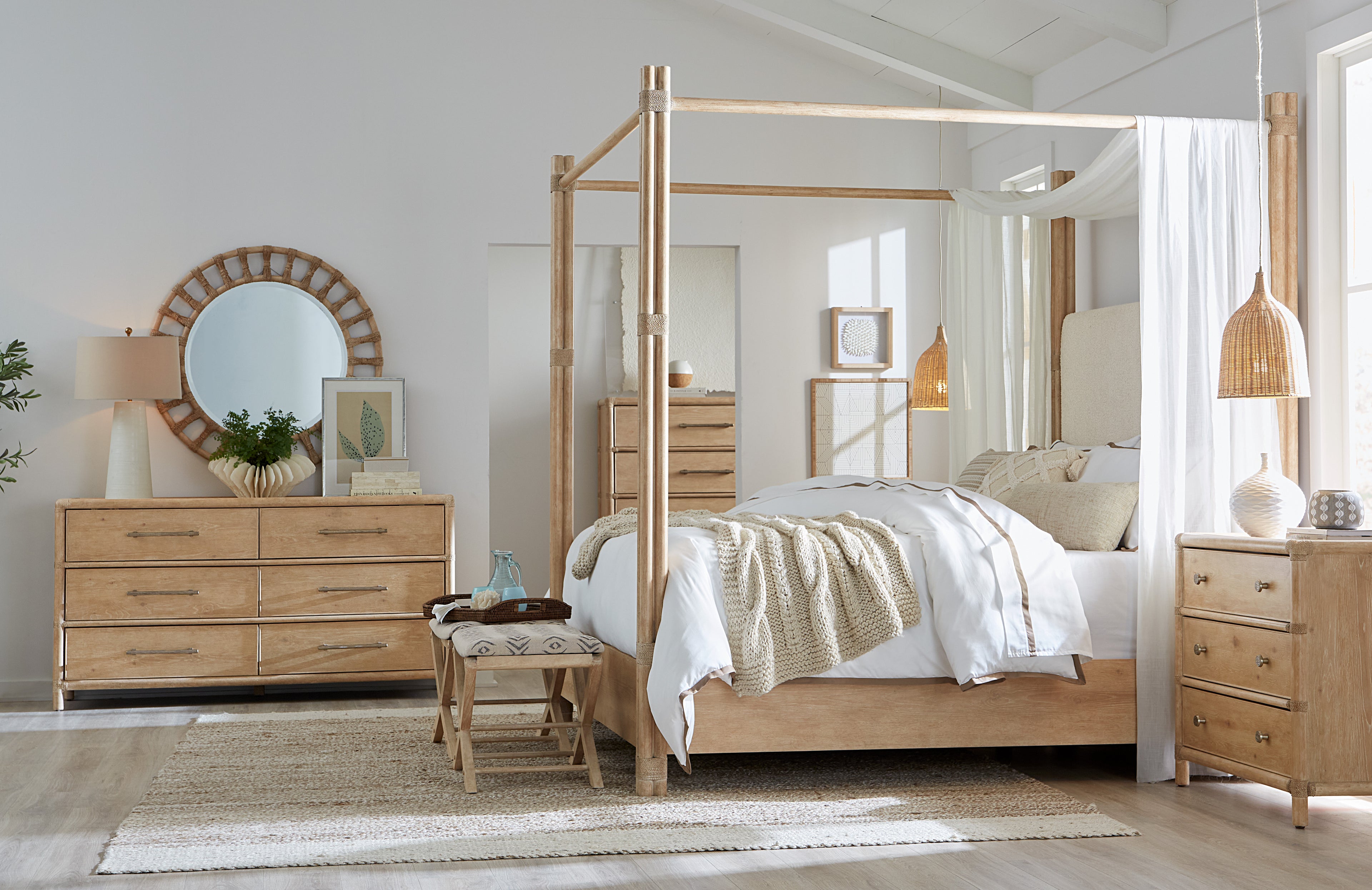 Retreat Pole Rattan King Upholstered Poster Bed withCanopy | Dune