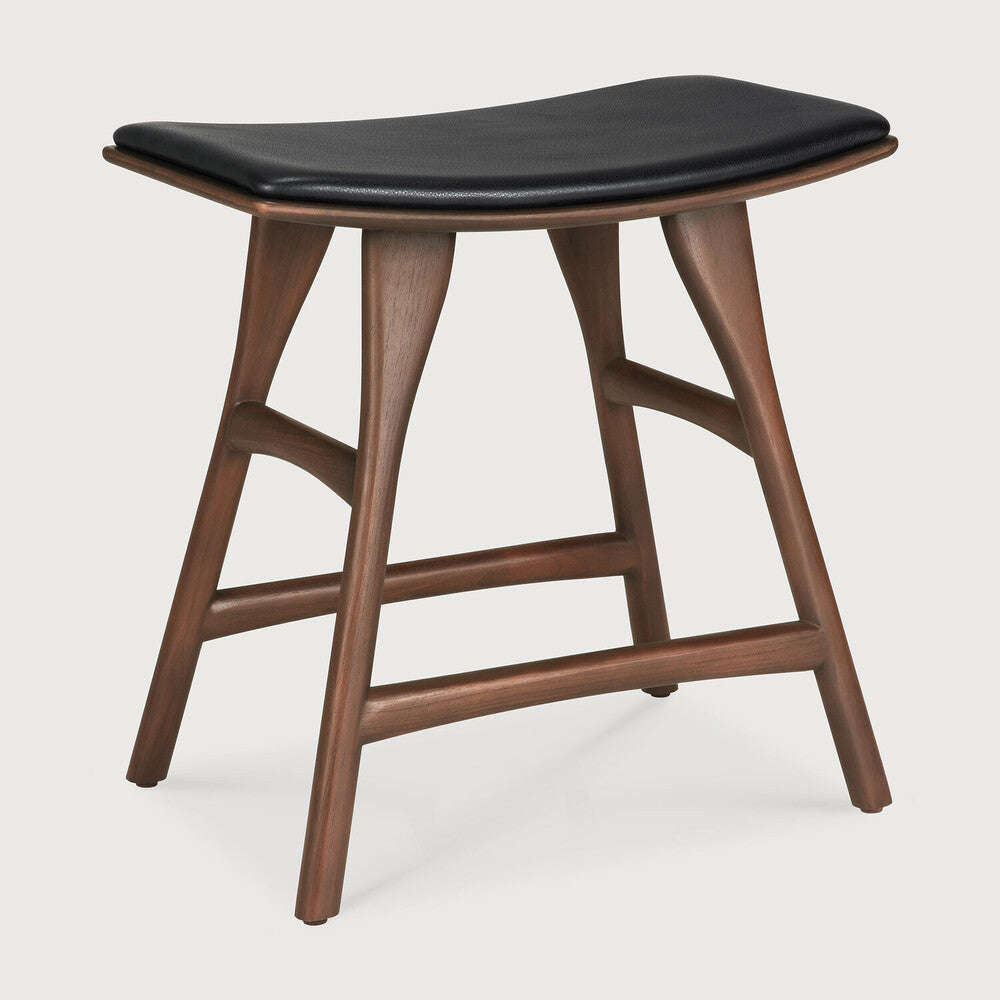 Osso Stool | Varnished Teak | Brown | Black Leather