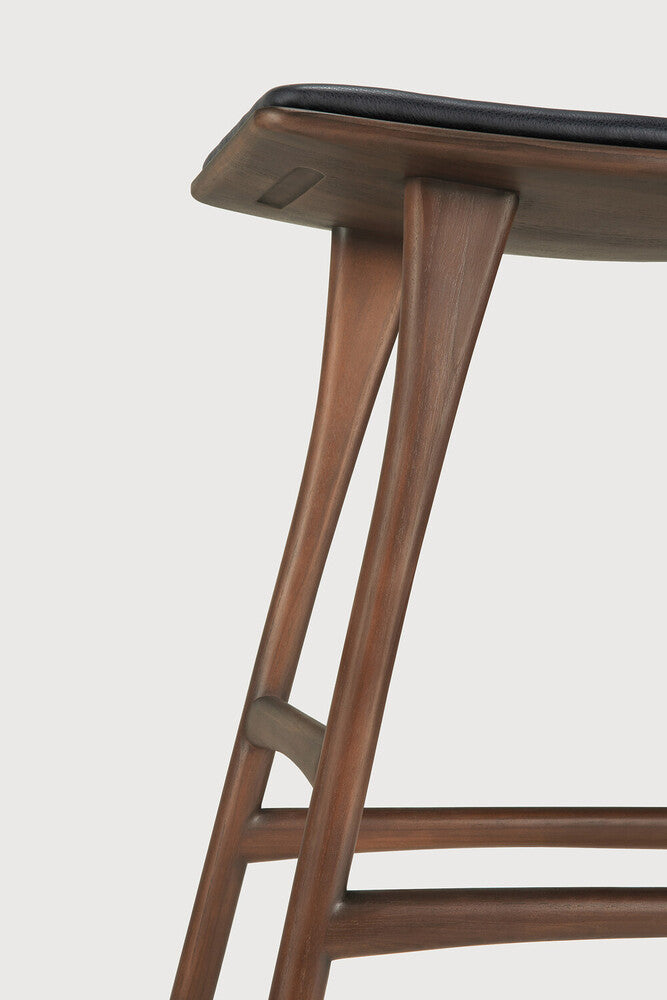 Osso Counter Stool | Varnished Teak | Brown | Black Leather