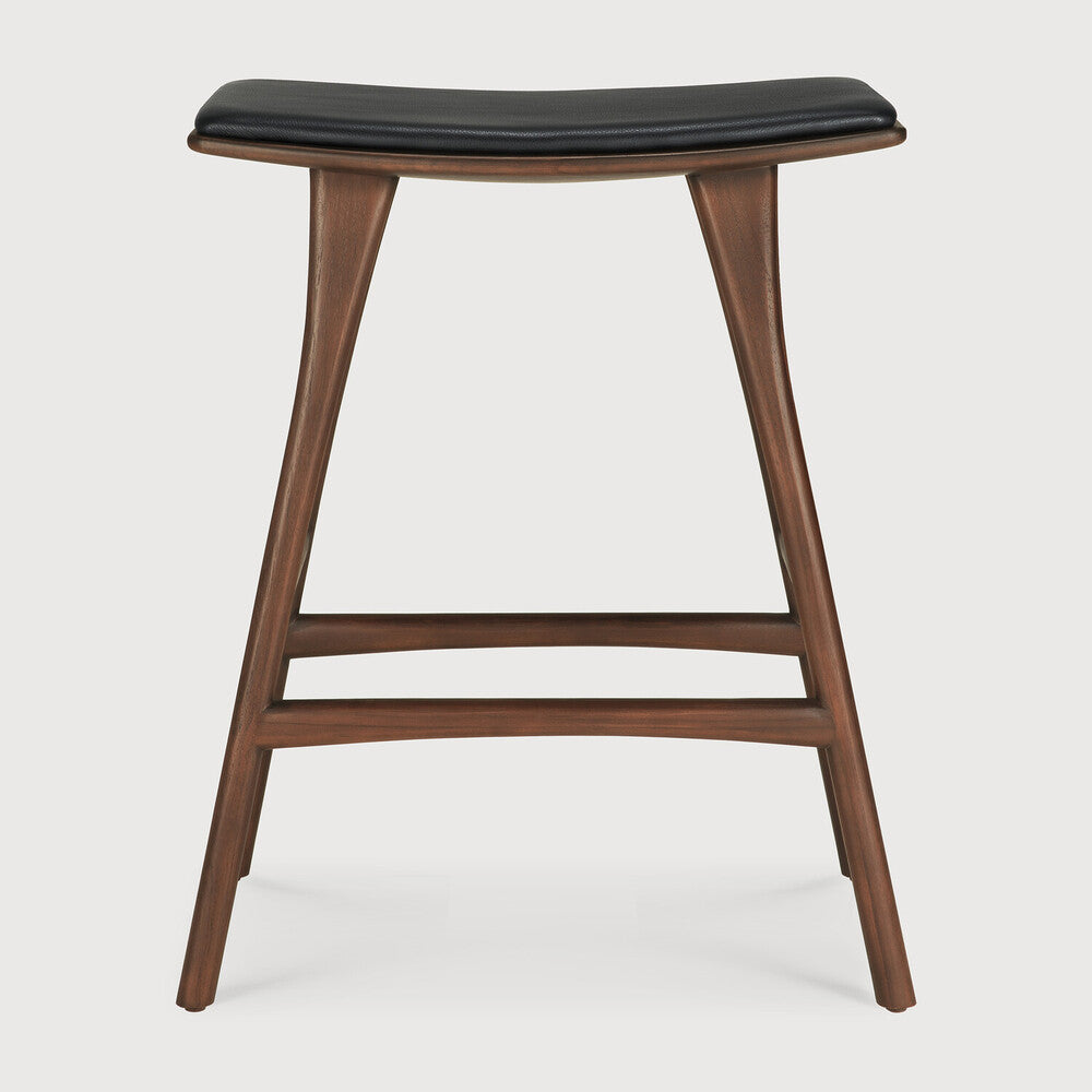 Osso Counter Stool | Varnished Teak | Brown | Black Leather