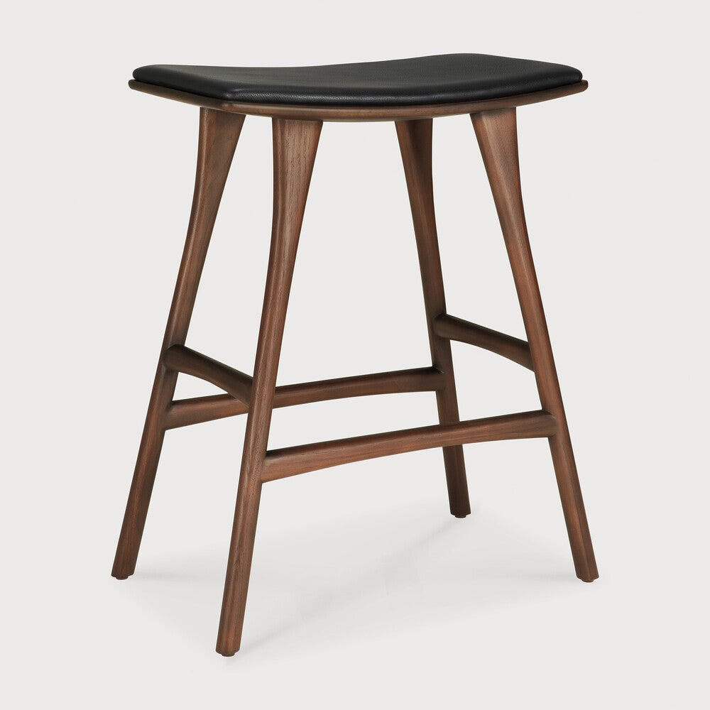 Osso Counter Stool | Varnished Teak | Brown | Black Leather